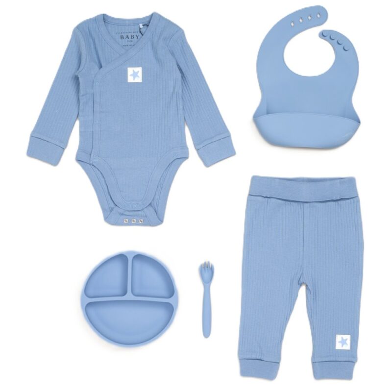 Blue Ribbed Bodysuit & Pants With Food Catcher Bib/bowl/spork (Copy)