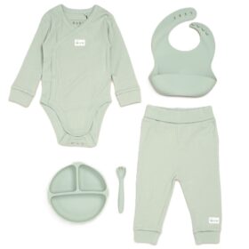Baby Sage Ribbed Bodysuit & Pants With Silicone Food Catcher Bib/bowl/spork Set