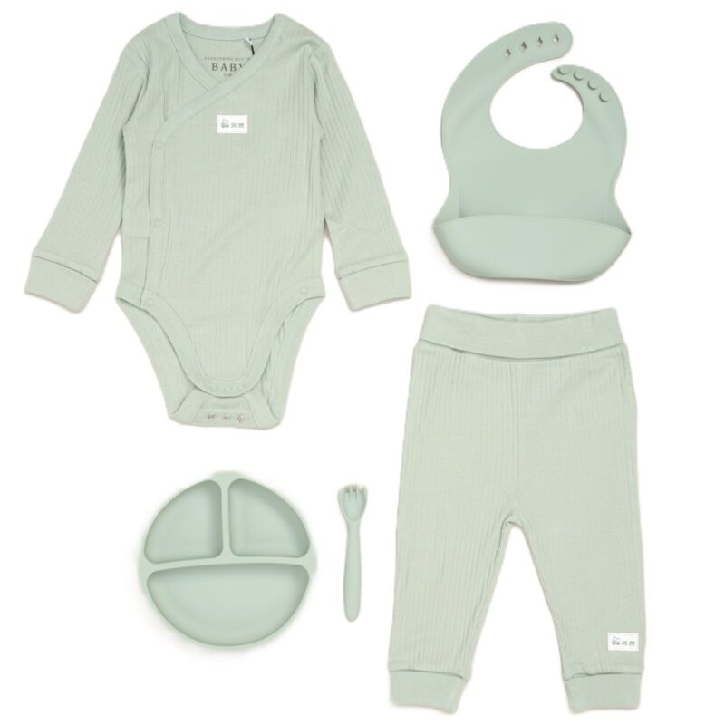 Baby Sage Ribbed Bodysuit & Pants With Silicone Food Catcher Bib/bowl/spork Set