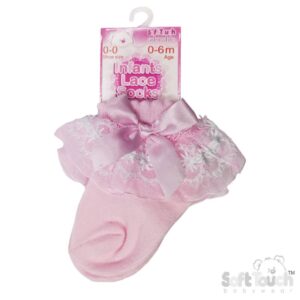 Pink Lace Socks W/flower Trim & Bow