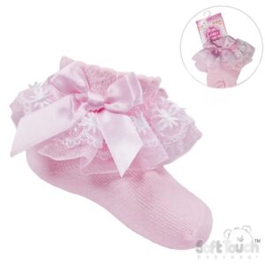 Pink Lace Socks W/flower Trim & Bow