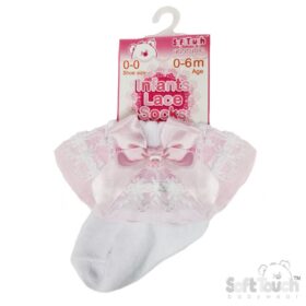 White/pink Lace Socks W/flower Trim & Bow