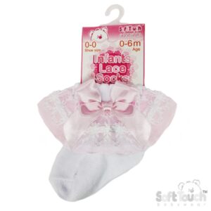 White/pink Lace Socks W/flower Trim & Bow