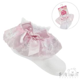 White/pink Lace Socks W/flower Trim & Bow