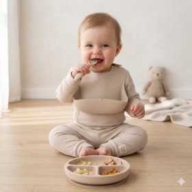 Beige Ribbed Bodysuit & Pants With Food Catcher Bib/bowl/spork