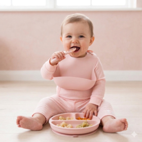 Pink Ribbed Bodysuit & Pants With Food Catcher Bib/bowl/spork