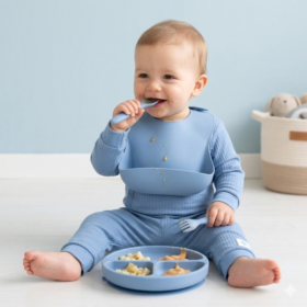 Blue Ribbed Bodysuit & Pants With Food Catcher Bib/bowl/spork (Copy)