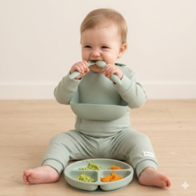 Baby Sage Ribbed Bodysuit & Pants With Silicone Food Catcher Bib/bowl/spork Set