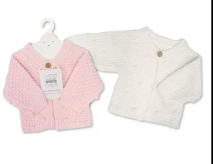 Knitted Chunky Baby Cardigan With Pompom- White