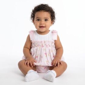 Wee Me Baby Girl Pink Teddy Shoulder Bow Pearl Romper