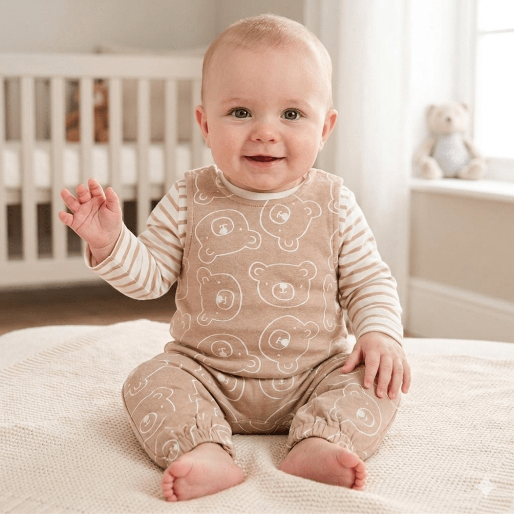 Baby Brown Bear Print Dungaree & Top Outfit Baby Brown Bear Print Dungaree & Top Outfit