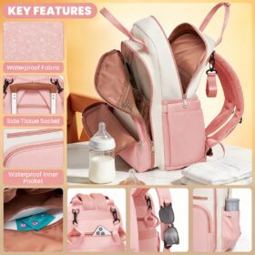 Baby Changing Backpack With Insulated Bottle Holders, Stroller Clips & Trolley Sleeve For Everyday & Travel – Pink And Beige