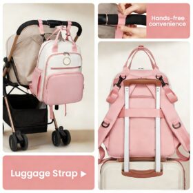 Baby Changing Backpack With Insulated Bottle Holders, Stroller Clips & Trolley Sleeve For Everyday & Travel – Pink And Beige
