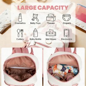 Baby Changing Backpack With Insulated Bottle Holders, Stroller Clips & Trolley Sleeve For Everyday & Travel – Pink And Beige