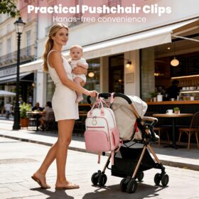 Baby Changing Backpack With Insulated Bottle Holders, Stroller Clips & Trolley Sleeve For Everyday & Travel – Pink And Beige