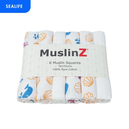 Muslinz 6 Pack Muslin Squares Patterned Sea Life– 70x70cm Muslinz 6 Pack Muslin Squares Patterned Sea Life– 70x70cm