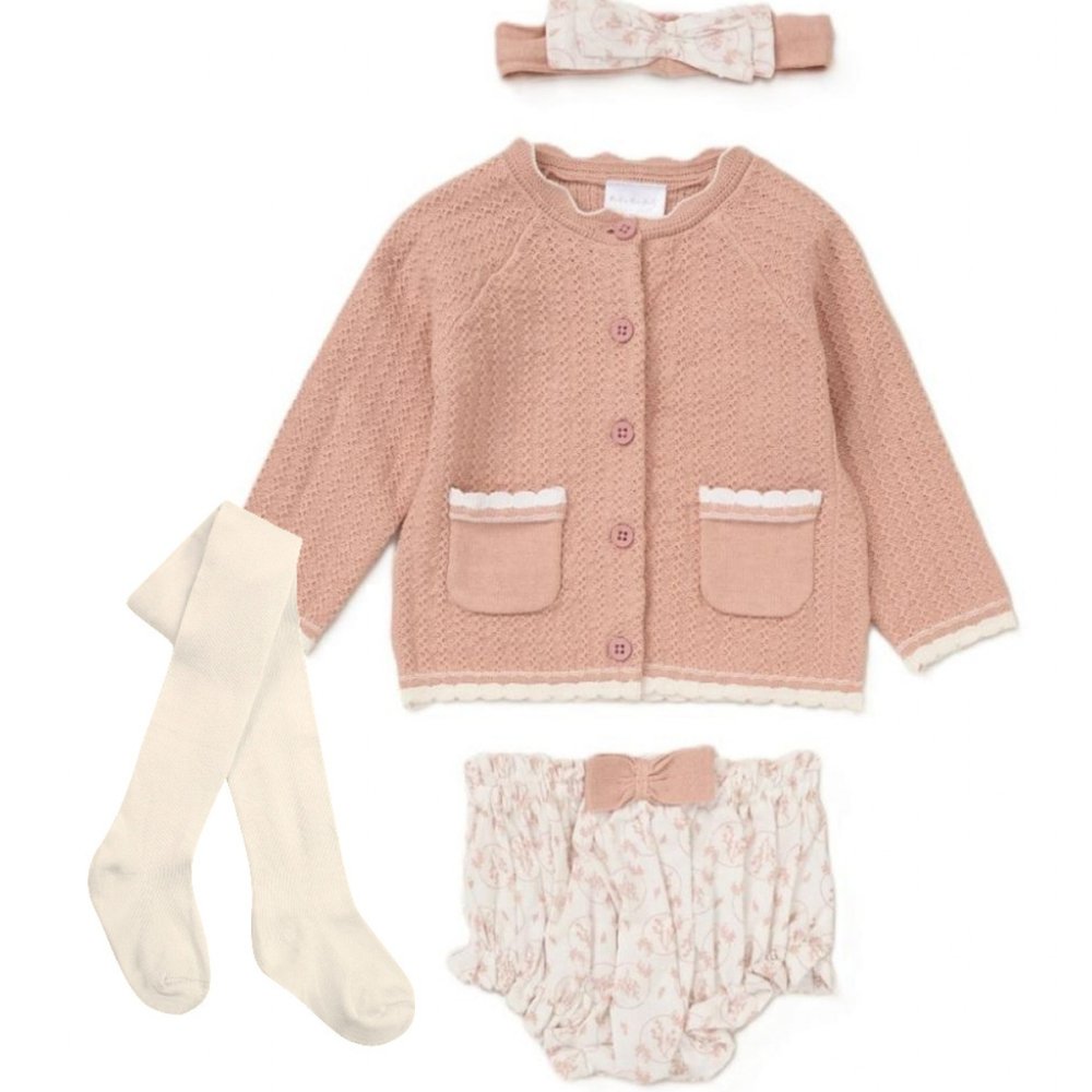 Baby Girls Knitted Cardigan, Knickers, Tights & Headband Outfit Baby Girls Knitted Cardigan, Knickers, Tights & Headband Outfit