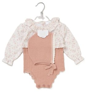 Baby Girls Knitted/ Woven Mix Bodysuit & Bonnet Outfit