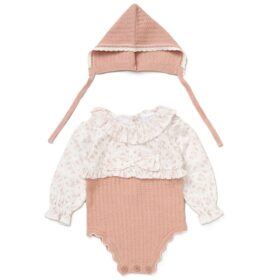 Baby Girls Knitted/ Woven Mix Bodysuit & Bonnet Outfit