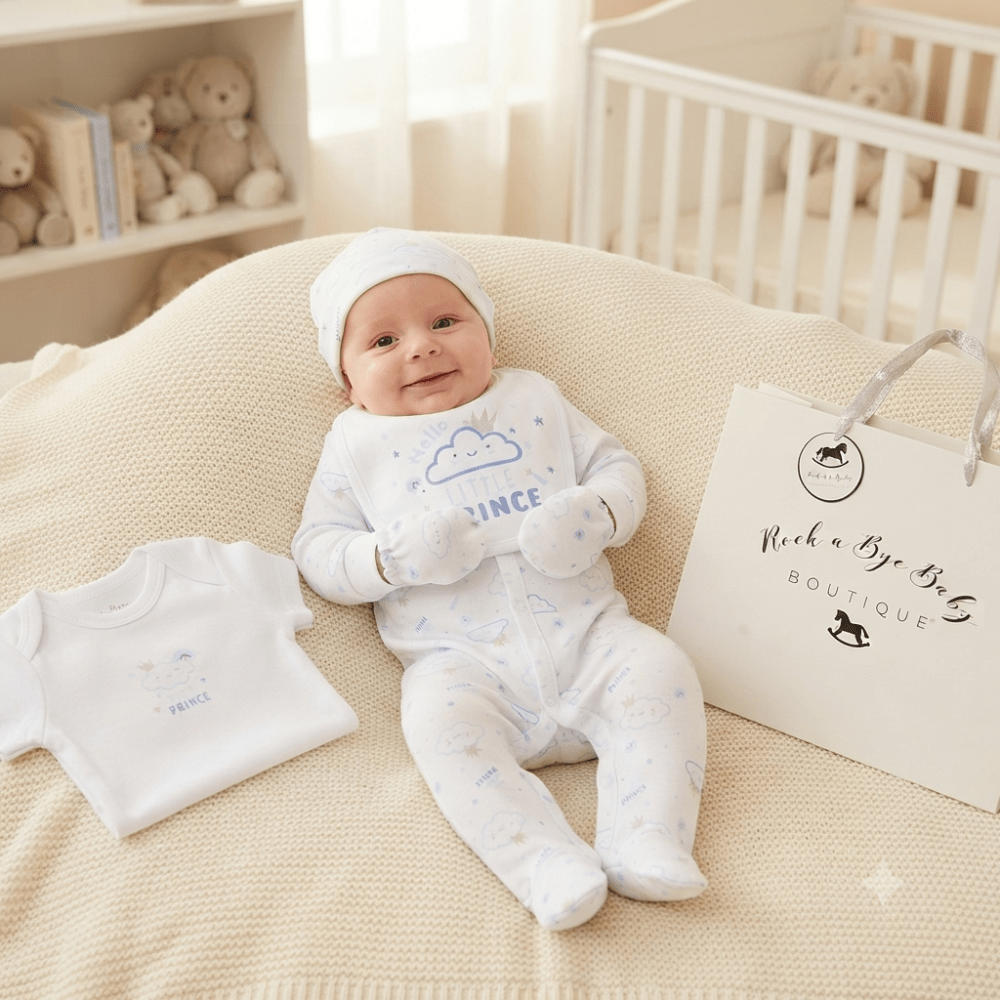 Baby Boys Little Prince 6 Piece Mesh Bag Gift Set Baby Boys Little Prince 6 Piece Mesh Bag Gift Set