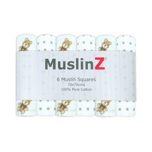Muslinz 6 Pack Muslin Squares Patterned Teddy– 70x70cm Muslinz 6 Pack Muslin Squares Patterned Teddy– 70x70cm