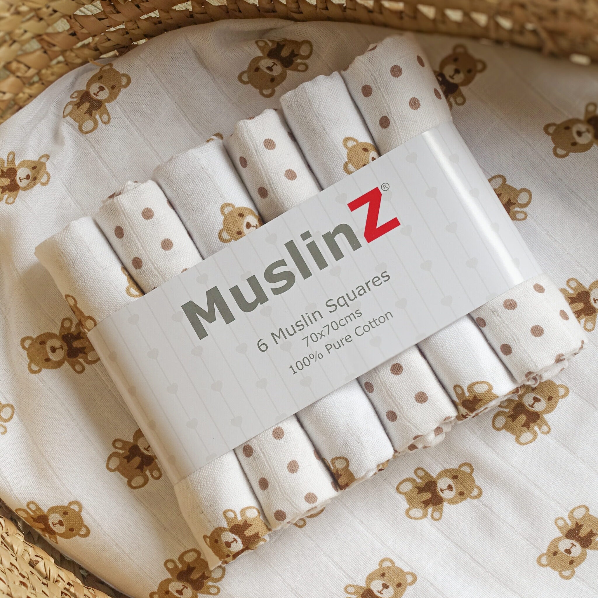 Muslinz 6 Pack Muslin Squares Patterned Teddy– 70x70cm Muslinz 6 Pack Muslin Squares Patterned Teddy– 70x70cm