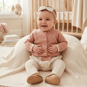 Baby Girls Knitted Cardigan, Knickers, Tights & Headband Outfit