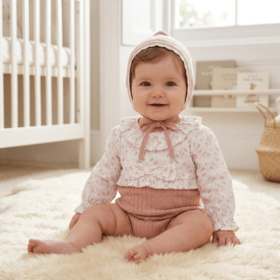 Baby Girls Knitted/ Woven Mix Bodysuit & Bonnet Outfit