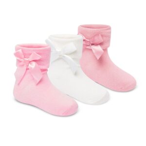 Baby Girls 3 Pack Socks With Bows & Grippers-Pink/white