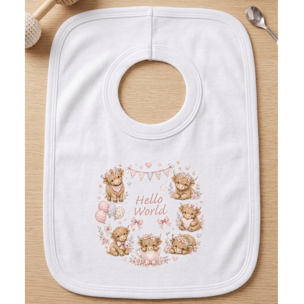 Hello World Highland Cows Over Head Bib Hello World Highland Cows Over Head Bib