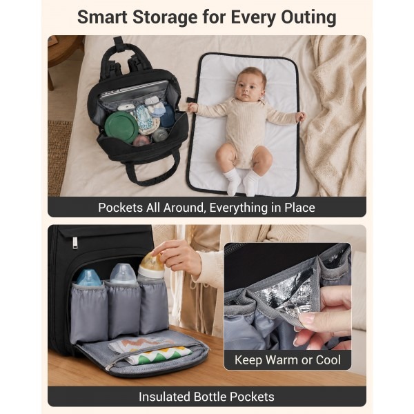 Kono 2in1 Nappy Changing Backpack Set, Large Capacity Diaper Bag With Changing Mat - Black Kono 2in1 Nappy Changing Backpack Set, Large Capacity Diaper Bag With Changing Mat - Black