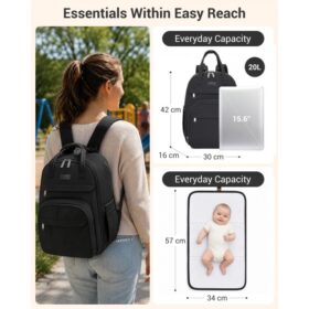 Kono 2in1 Nappy Changing Backpack Set, Large Capacity Diaper Bag With Changing Mat – Black