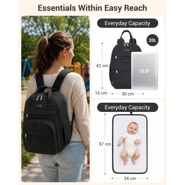 Kono 2in1 Nappy Changing Backpack Set, Large Capacity Diaper Bag With Changing Mat - Black Kono 2in1 Nappy Changing Backpack Set, Large Capacity Diaper Bag With Changing Mat - Black