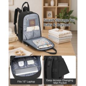 Kono 2in1 Nappy Changing Backpack Set, Large Capacity Diaper Bag With Changing Mat – Black