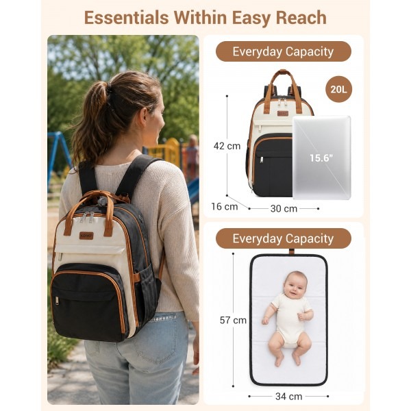 Kono 2in1 Nappy Changing Backpack With Changing Mat – Black & Beige Kono 2in1 Nappy Changing Backpack With Changing Mat – Black & Beige