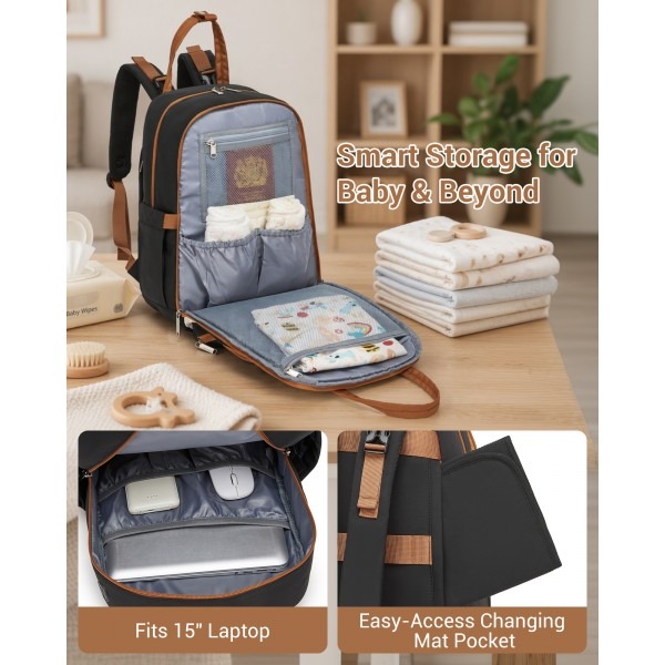 Kono 2in1 Nappy Changing Backpack With Changing Mat – Black & Beige Kono 2in1 Nappy Changing Backpack With Changing Mat – Black & Beige