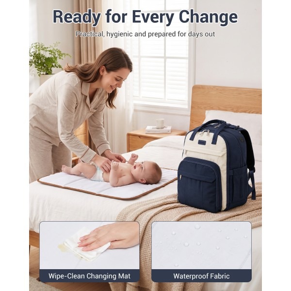 Kono 2in1 Nappy Changing Backpack With Changing Mat – Navy & Beige Kono 2in1 Nappy Changing Backpack With Changing Mat – Navy & Beige