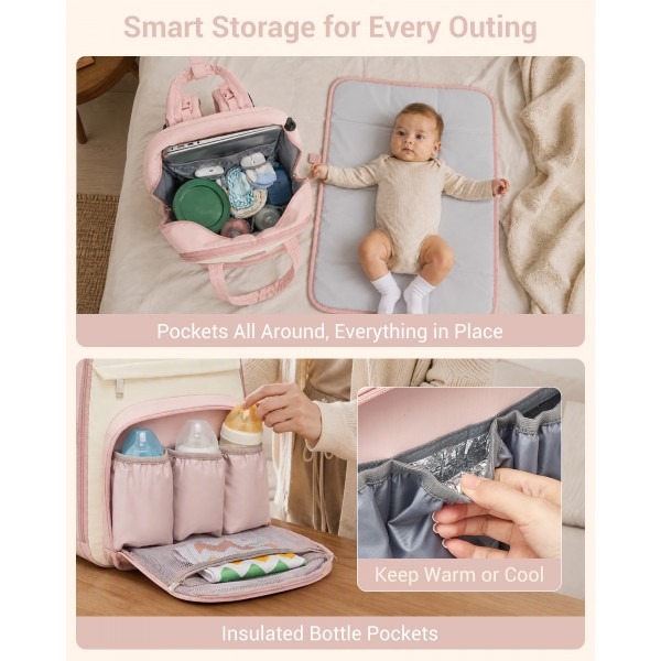 Kono 2in1 Nappy Changing Backpack With Changing Mat – Pink & Beige Kono 2in1 Nappy Changing Backpack With Changing Mat – Pink & Beige