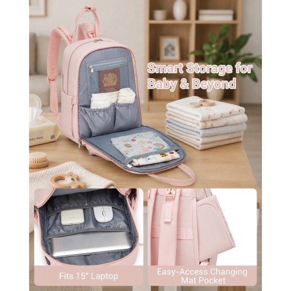 Kono 2in1 Nappy Changing Backpack With Changing Mat – Pink & Beige Kono 2in1 Nappy Changing Backpack With Changing Mat – Pink & Beige