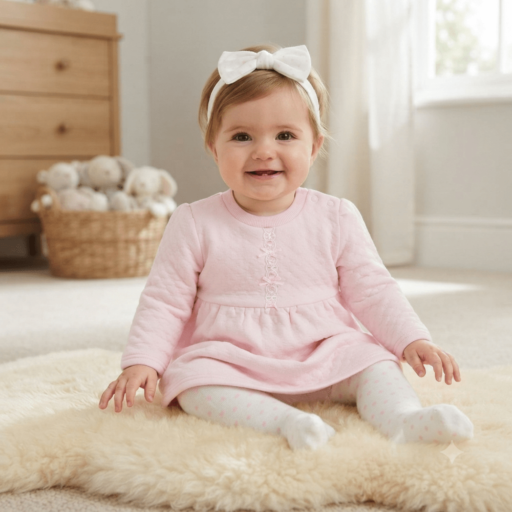 Baby Girls Quilted Dress, Tights & Headband Outfit Baby Girls Quilted Dress, Tights & Headband Outfit
