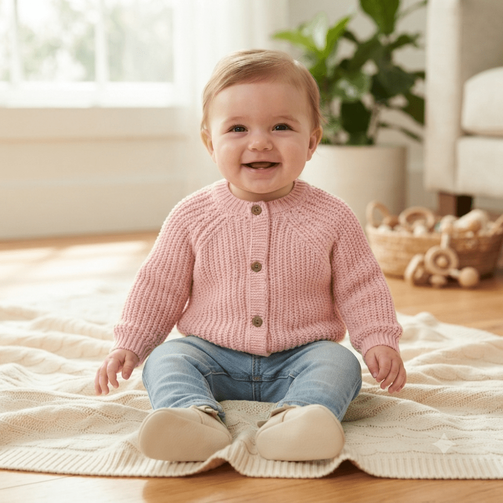 Baby Cotton Knit Cardigan With Embroidery- Little Bear Baby Cotton Knit Cardigan With Embroidery- Little Bear