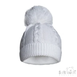 Acrylic Cable Knit Pom Pom Hat - White (Nb-12m)