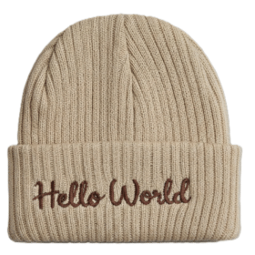 Baby Embroidered Hello World Knitted Hat- Beige