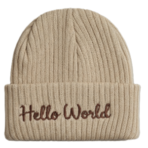 Baby Embroidered Hello World Knitted Hat- Beige