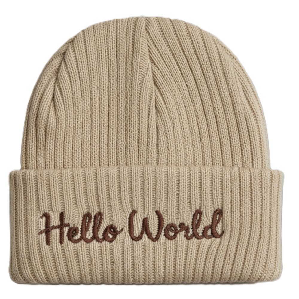 Baby Embroidered Hello World Knitted Hat- Beige Baby Embroidered Hello World Knitted Hat- Beige