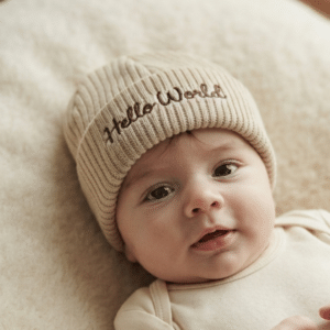 Baby Embroidered Hello World Knitted Hat- Beige