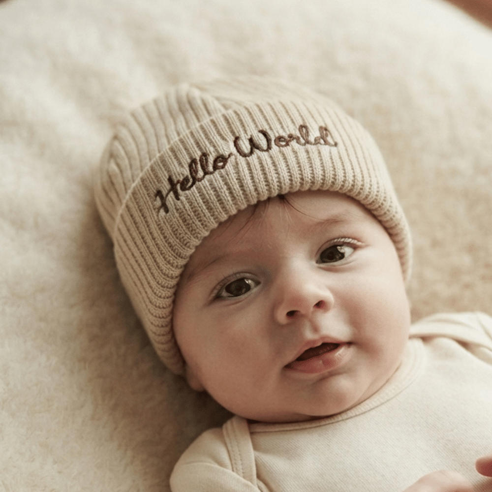 Baby Embroidered Hello World Knitted Hat- Beige Baby Embroidered Hello World Knitted Hat- Beige